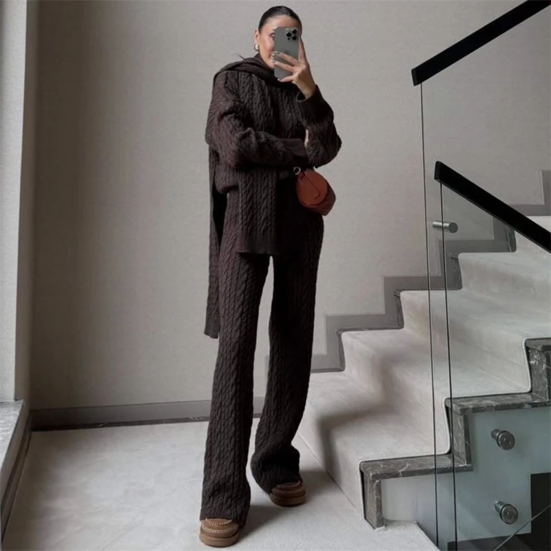 تريكو سترة 2 قطعة مجموعة السراويل النسائية وتتسابق للنساء الياقة المدورة مضلع فضفاض البلوز ومجموعات السراويل واسعة الساق