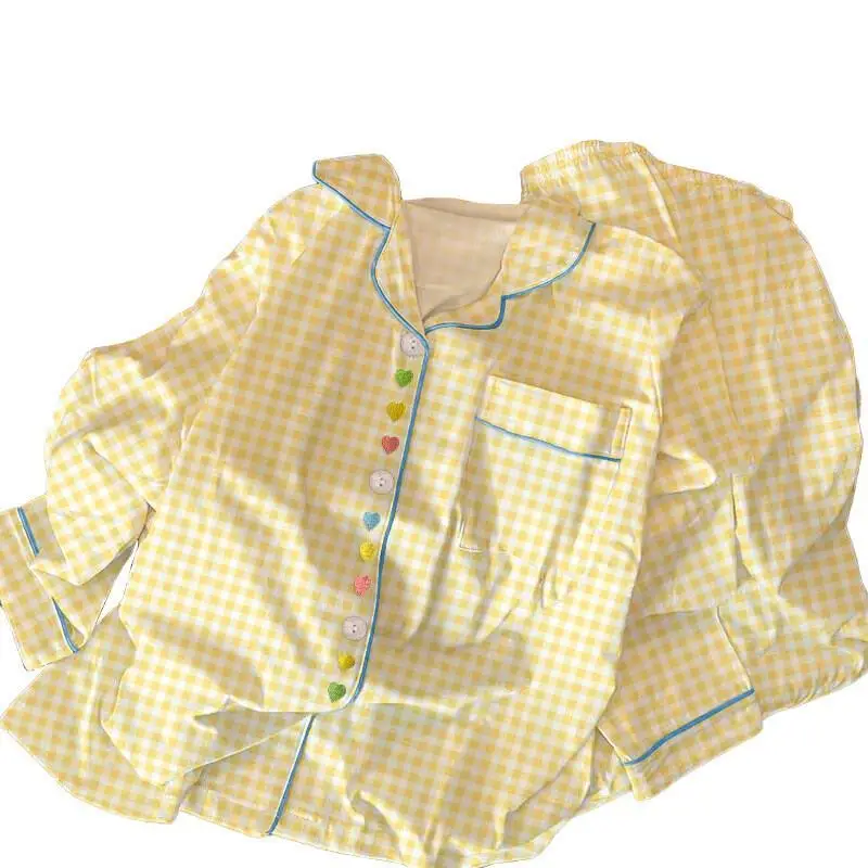 Kawaii leite amarelo xadrez primavera e outono roupas de casa para meninas, novo doce e amoroso pijama de manga comprida conjunto de duas peças