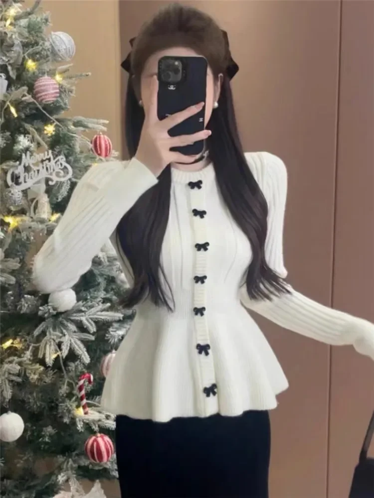 Holiday Red Black White Fashion Fairy Sweater Cute Butterfly Slim ruffles hem A Line Knit Pullover New Spring O Neck Top Jumper