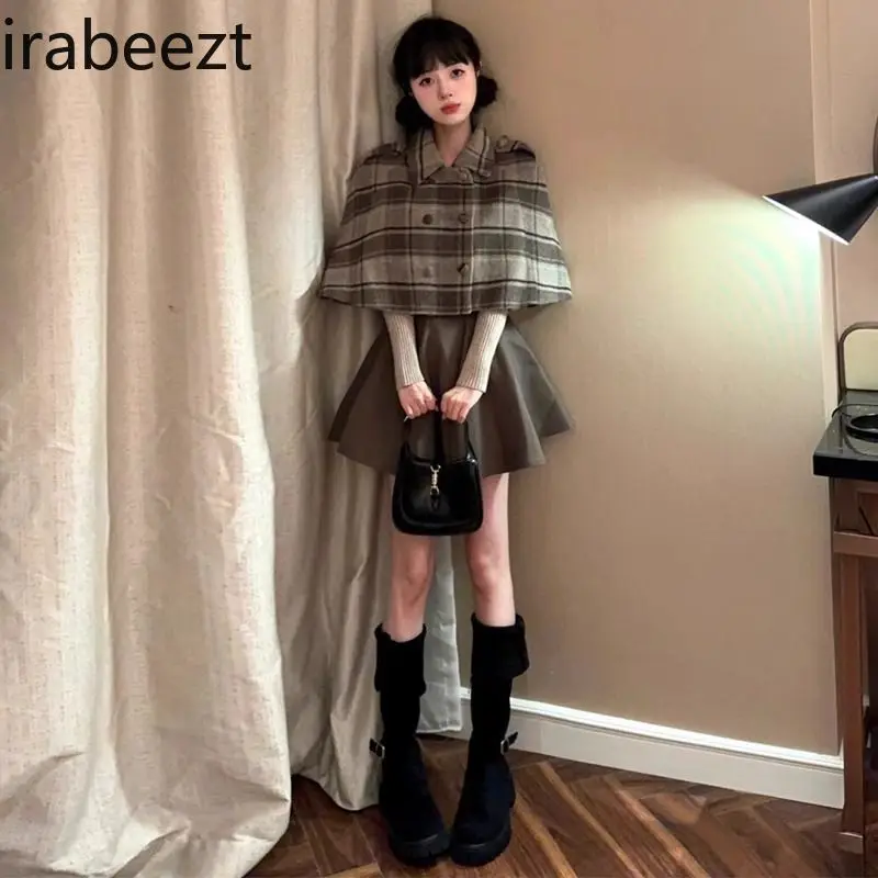 Ensembles De Jupes 2024 Early Spring New Fur Collar Cloak Coat Slim-fit Long Sleeve Sweater Strap Dress Three Pieces Set