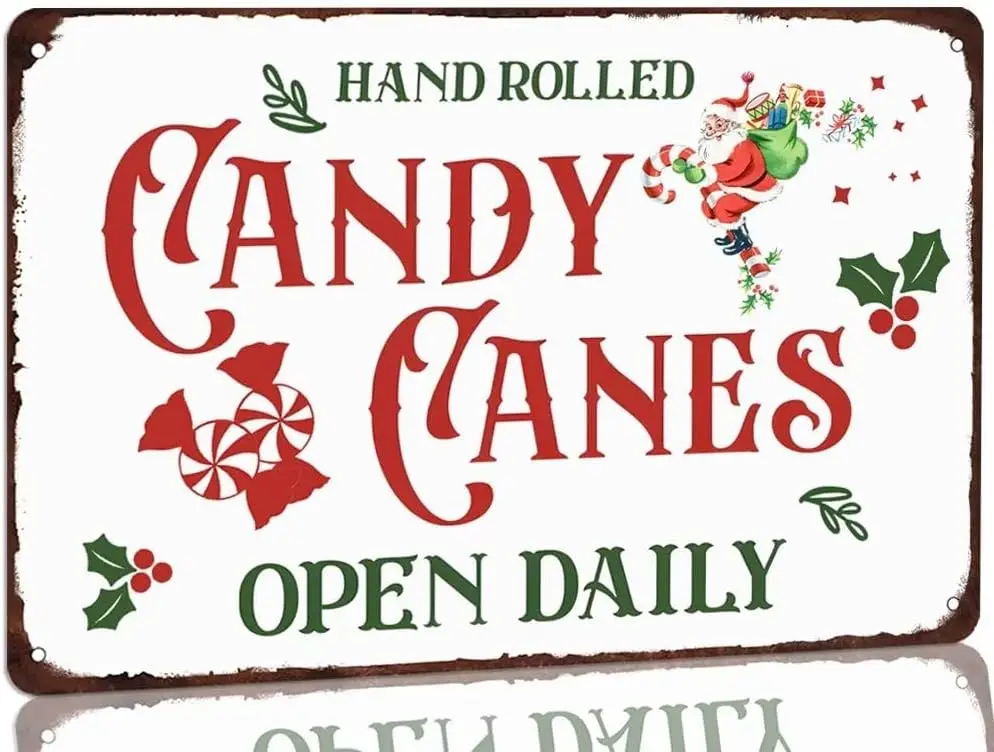 Hand Rolled Candy Canes Open Daily Metal Tin Sign Retro Christmas Wall Decor for Candy Station Vintage Art Coffee Bar Signs Home