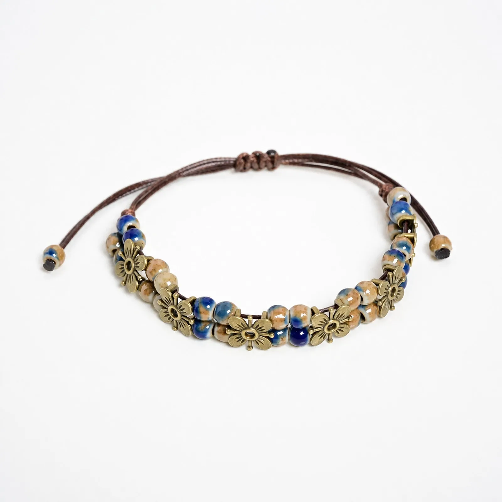 Handmade Ceramic Bead Flower Chain Bracelet with Adjustable Wax Cord Woven Design and Metal Fittings Y260706-20