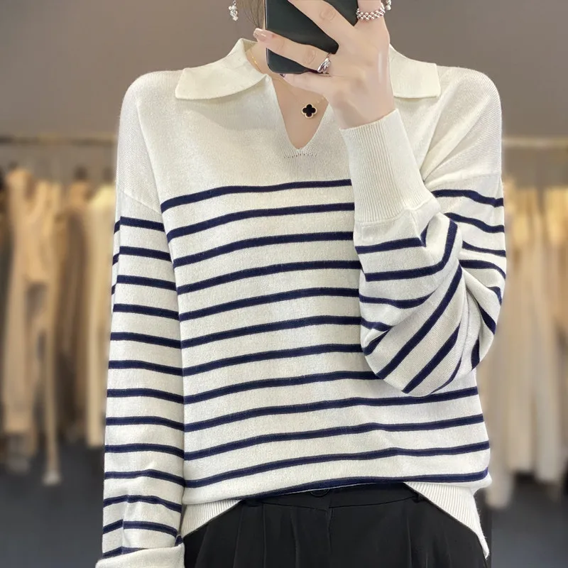 

Knitted Striped Sweater 2024 Spring and Autumn New Women's with Lantern Sleeves POLO Neck V-neck Versatile Casual and Trendy Top