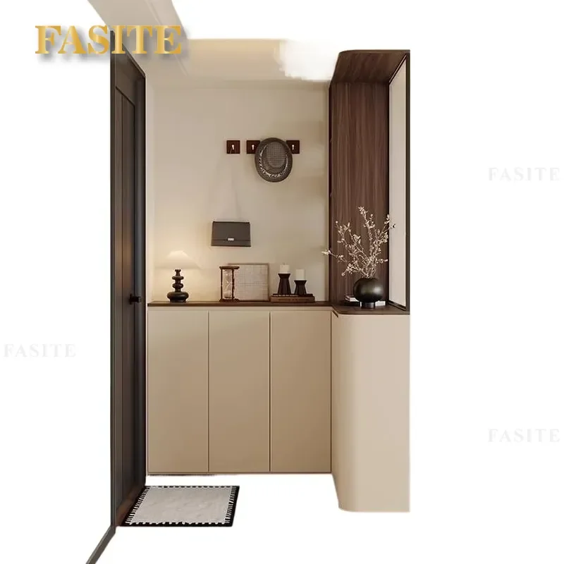 Solid Wood Corner Shoe Cabinet Arc Foyer Storage Unit Integrated Wall Screen Partition Large Capacity Locker for Entryway