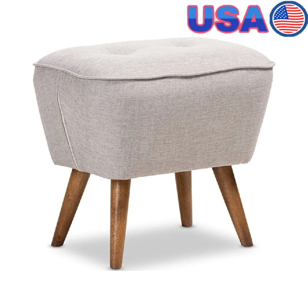

Mid-Century Modern Ottoman Button-Tufted Foam Padding Indoor Storage Rubberwood Legs Greyish Beige Upholstered Living Room