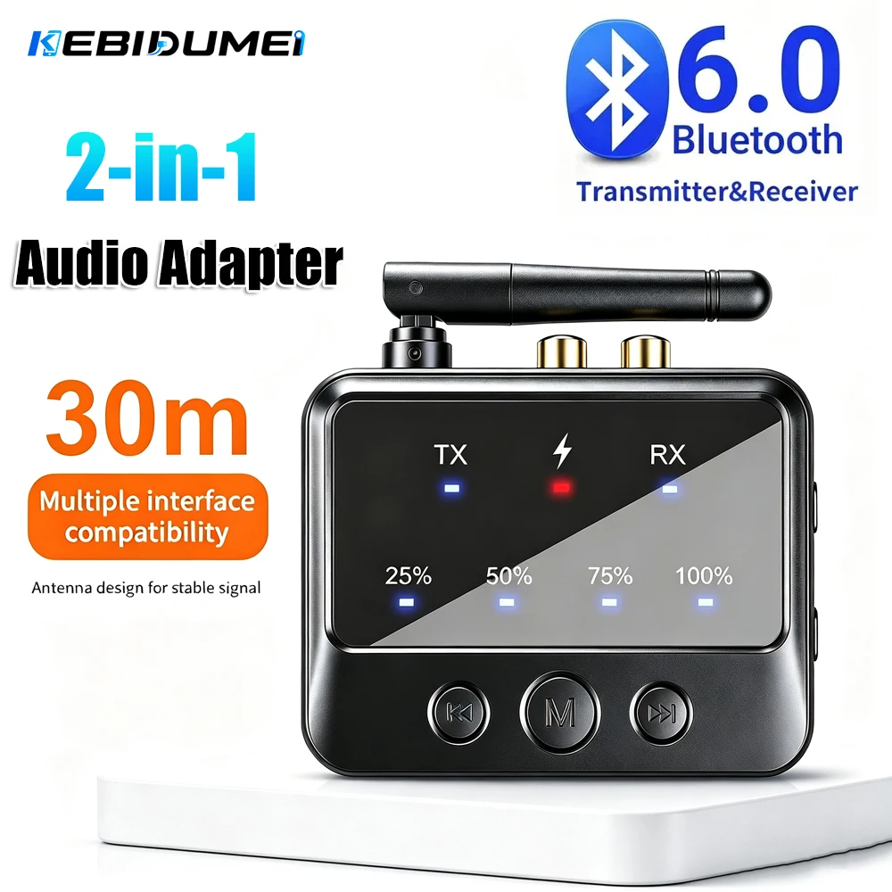 KEBIDUMEI 2 w 1 – bezprzewodowy nadajnik i odbiornik stereo Bluetooth 6.0, adapter muzyczny HIFI, złącza AUX, RCA, USB-C, do telewizora, komputera, głośników i słuchawek.