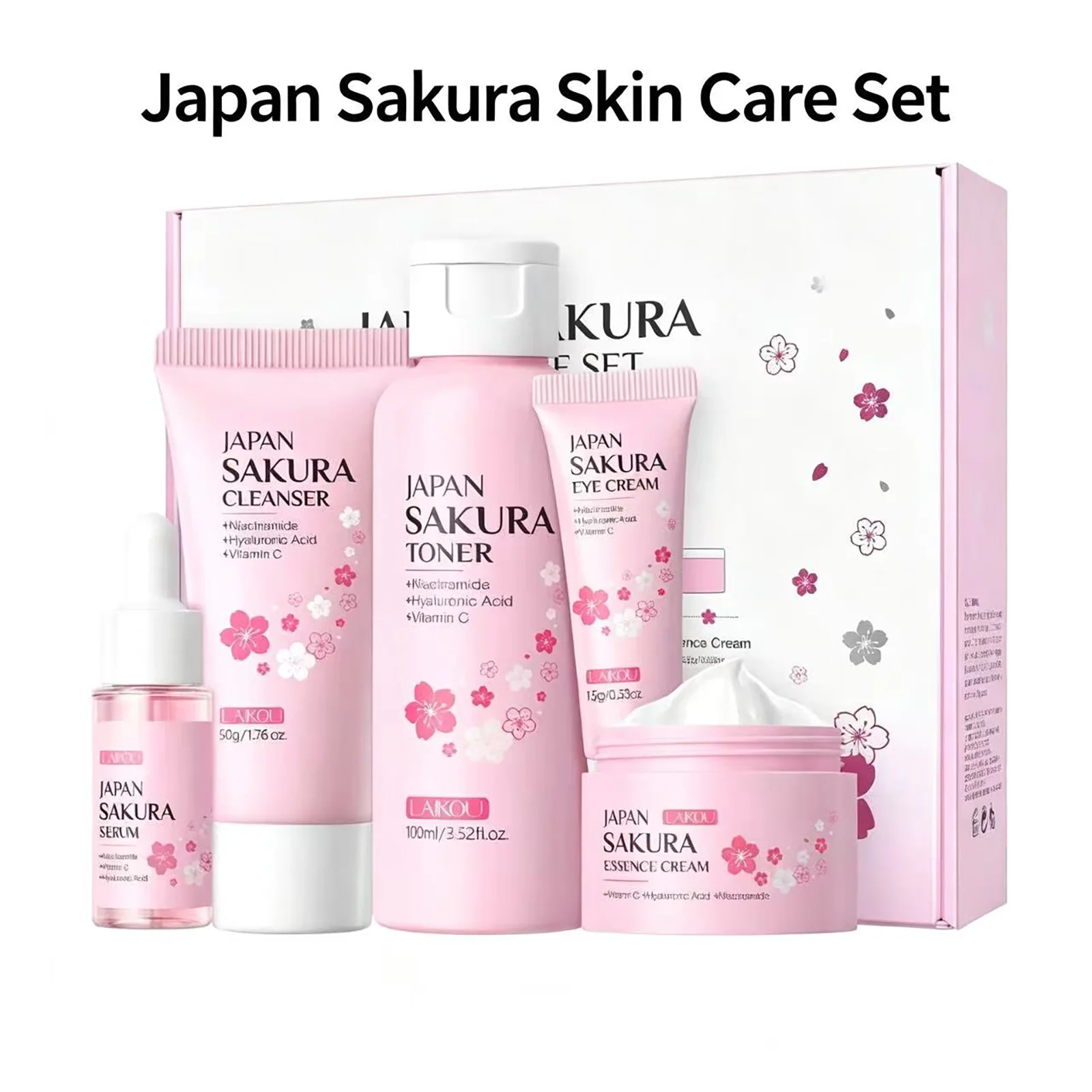 LAIKOU Sakura 5Pcs Skin Care Set,Cleanser,Toner,Serum,Eye Cream,Face Cream,Hydrating Brightening Daily Skin Care Kit