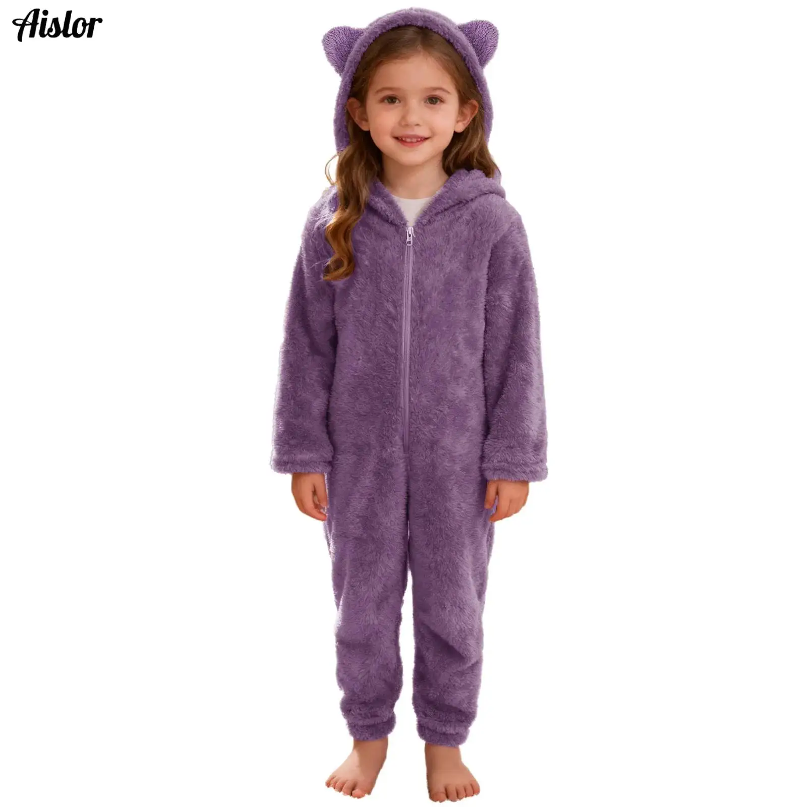 

Kids Girls Warm Fleece Hooded Jumpsuit Winter Cute Style Pajamas Sleepwear Long Sleeve Zipper Romper Casual Loungewear Homewear