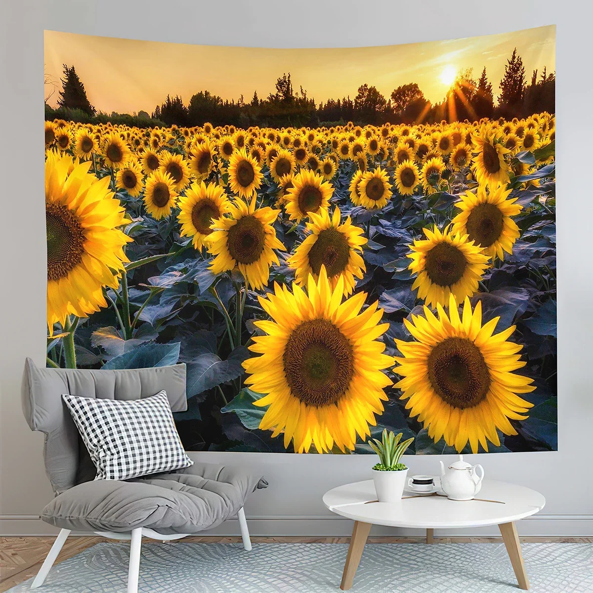 Sunset Sunflowers Field Tapestry Warm Yellow Floral Plant Tapestry Home Living Room Bedroom Dorm Wall Hanging Decorative Blanket