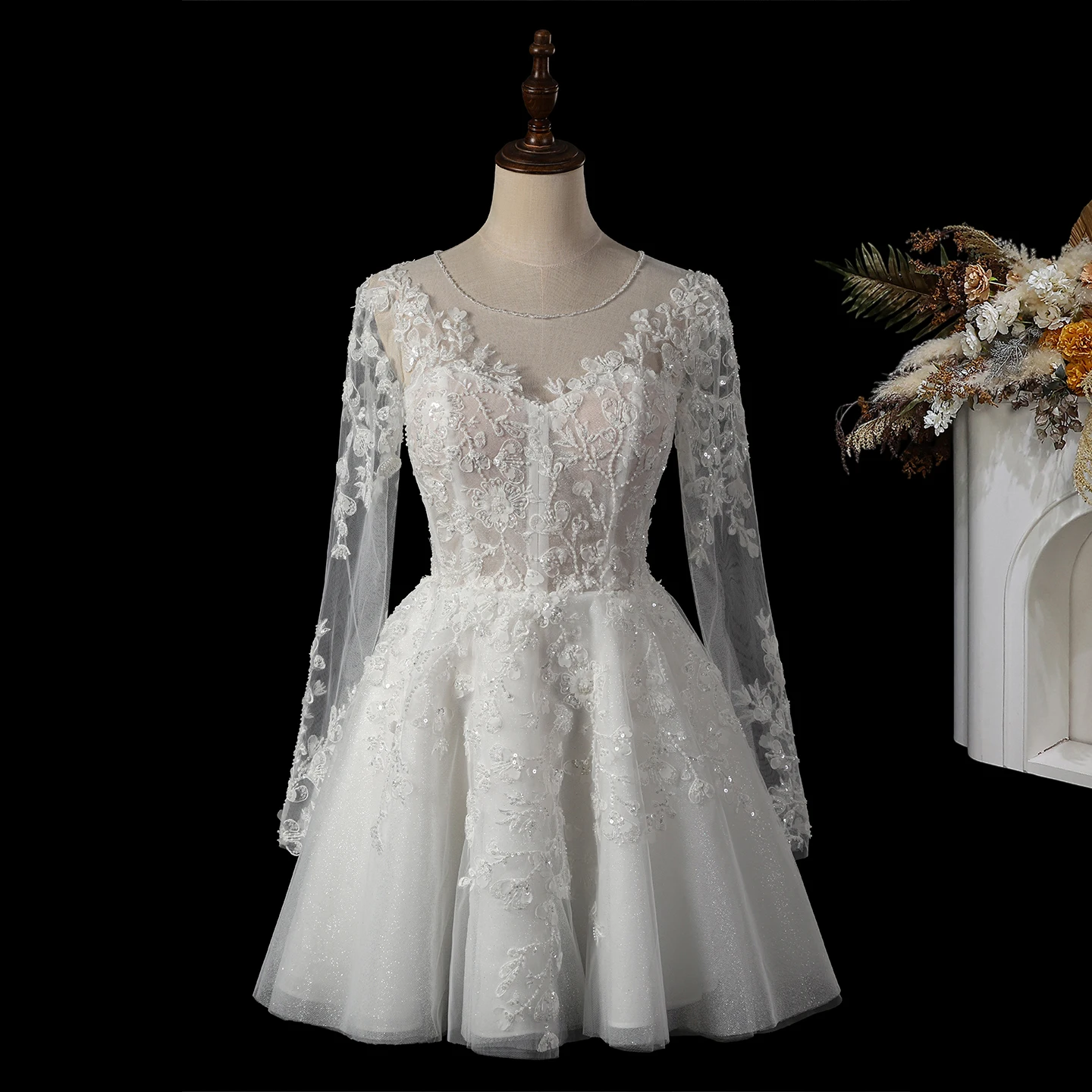 Sharon Said Luxury Lace Long Sleeve Short Wedding Dress Sequined Beaded Mini Bridal Gowns SW721 Customized