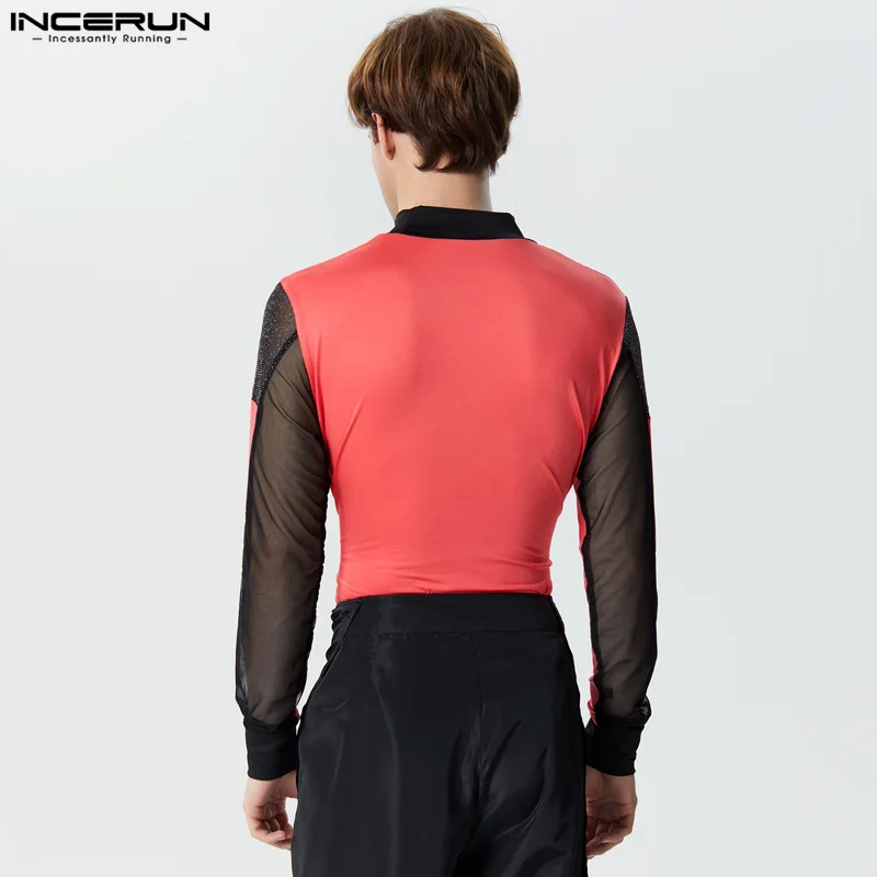 2024 Men Bodysuit Mesh Patchwork Turtleneck Long Sleeve Fashion Male Rompers Streetwear Shiny Sexy Transparent Bodysuits INCERUN