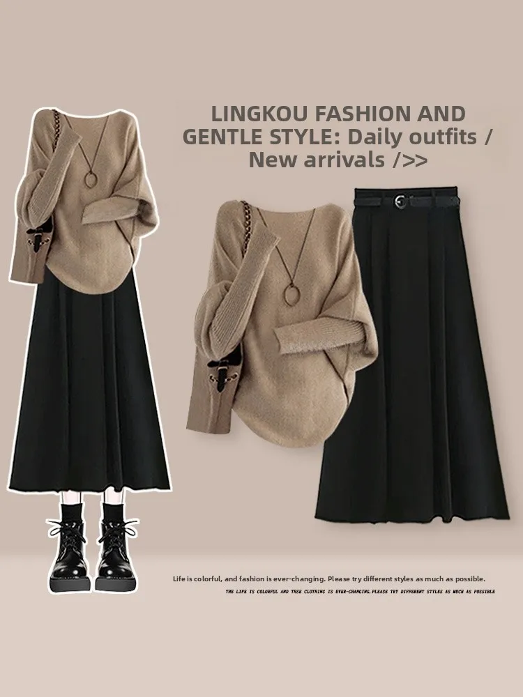 

Fall Winter Women's Knitted Sweater And Skirt Set plus Size mat Sle Meat Concealing High Waist Long Sve V Ne