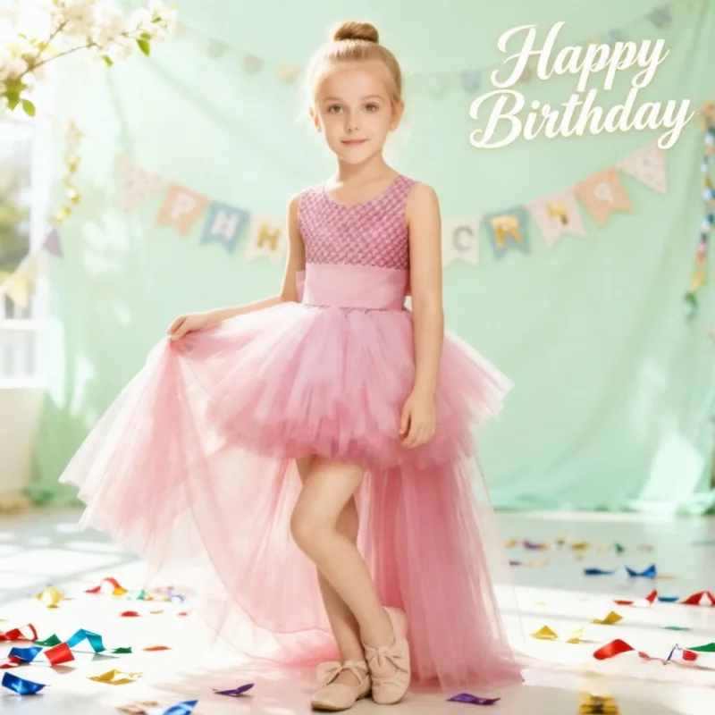 Long fluffy formal dress with a full skirt for New Year and birthday parties. A pink princess-style long tulle dress with lining
