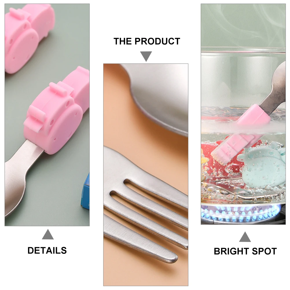 

2pcs Stainless Steel Baby Spoon Fork Set Silicone Handle Cartoon Design Ergonomic Tableware Kids Feeding Utensils For Milk