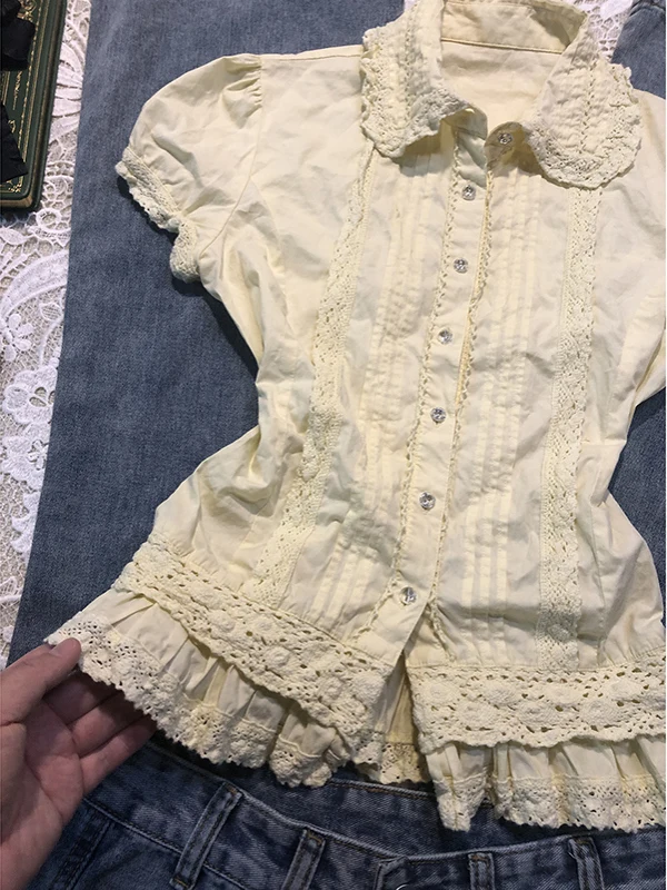 

Yellow Lace Trimmed Doll Collar ort Sve irt Women's Vintage Summer Faion Cotton Blend Button up Regular Fit irt