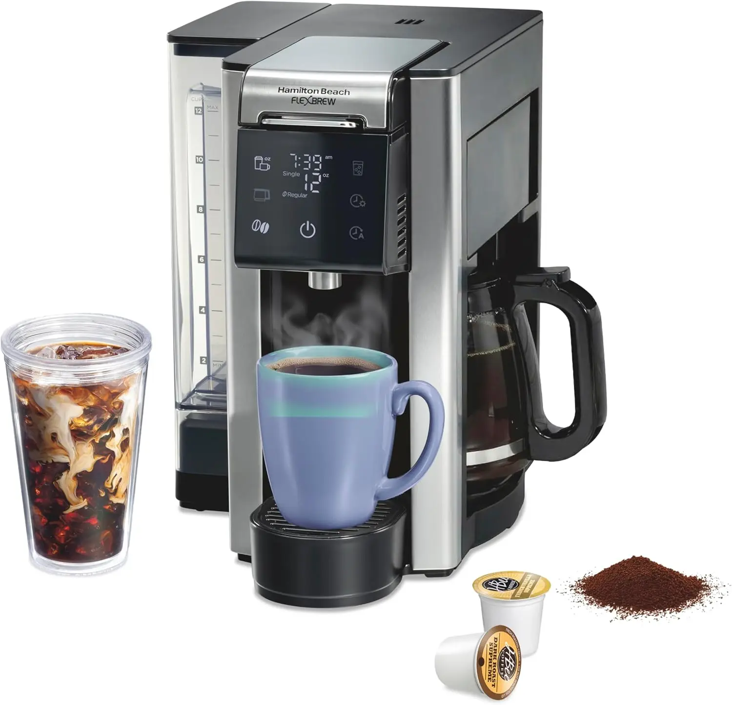 5-in-1 Programmable Hot and Iced Coffee Maker, 12-Cup Drip Brewer and Single-Serve Capability, Movable 60 oz Water Reservoir, Co