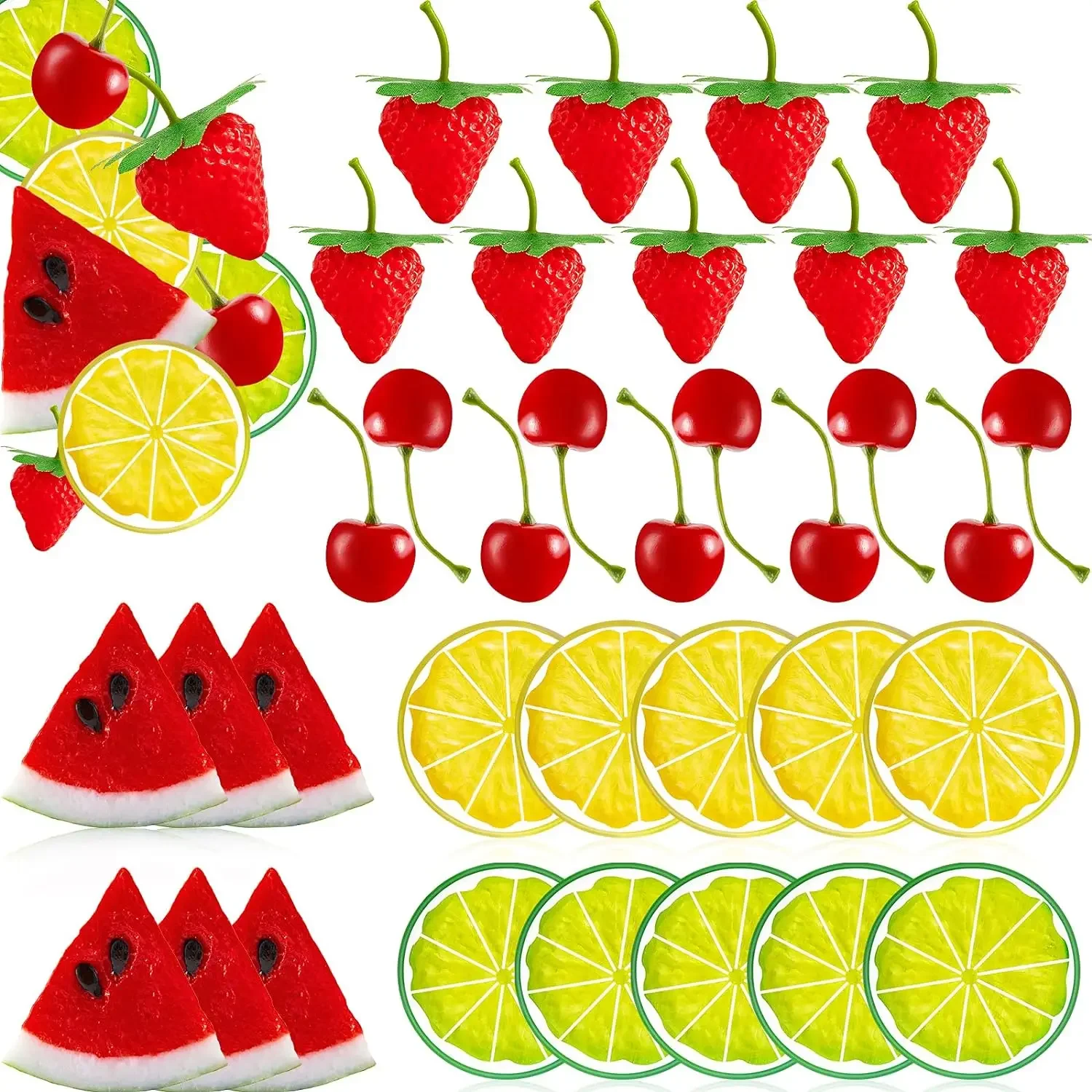 

Fake Fruit Plastic Fruit Set, 6 Watermelon Slices, 10 Strawberry Slices, 10 Lemon Slices, 10 Cherry, 36 Pcs