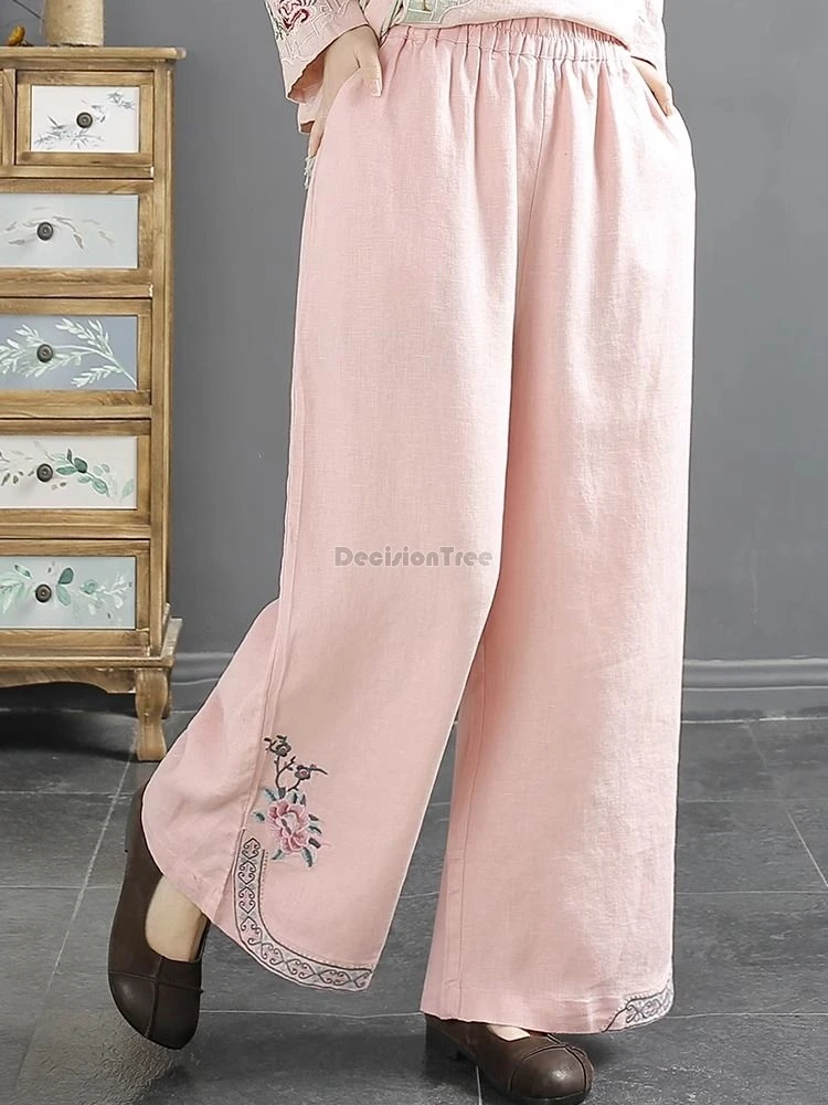 2024 chinese style embroidery casual pants new elastic waist versatile loose cotton linen trousers literature art retro britches