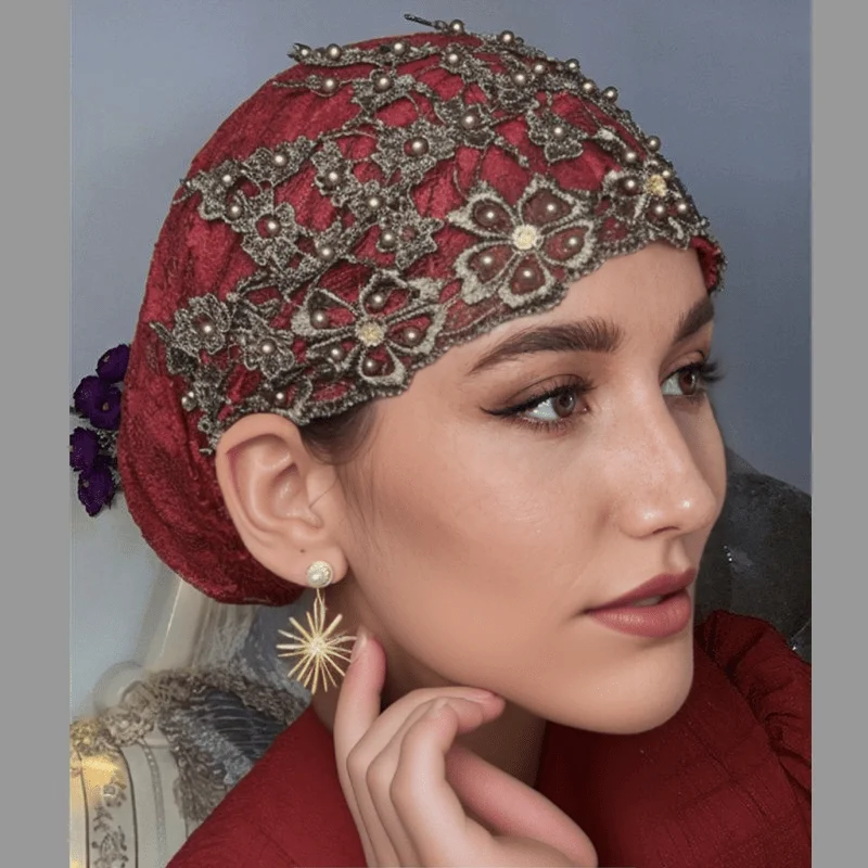 

Women Flower Turban Hat Rhinestones Muslim Islamic Head Wrap African Pearl Turban Soft Stretchy Head Cover