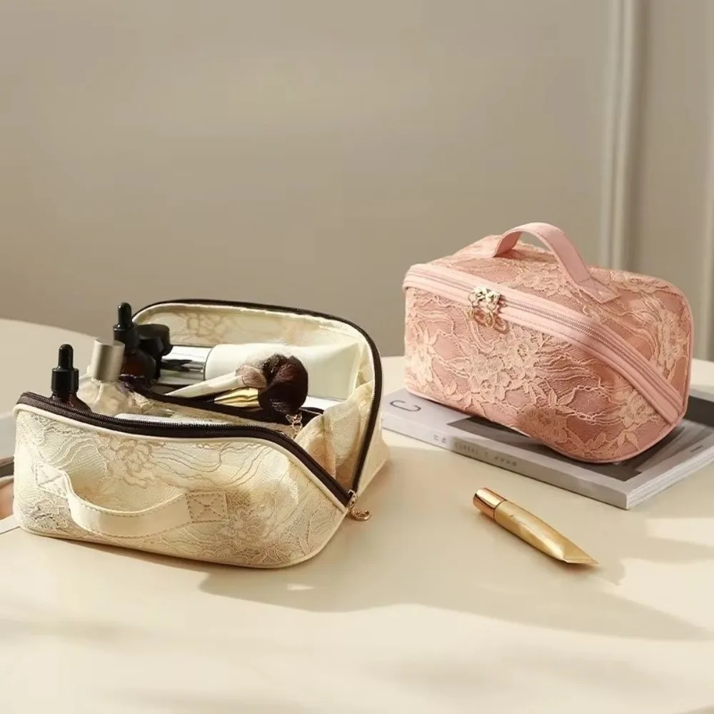

Fashion Solid Color Lace Makeup Bag Large Capacity Floral Cosmetic Storage Bag Breathable with Handle Toilet Bag Women