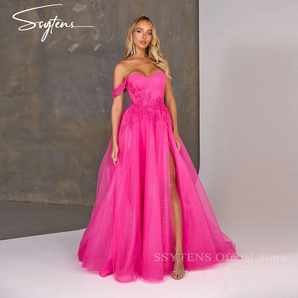

SSYTENS Elegant Pink Evening Dresses Off The Shoulder Tulle Appliques Slit Robes De Soirée Dubai Vestidos Party Dress Customized
