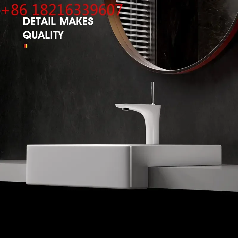 YAOSemi Embedded Countertop Basin Hotel Semi Hanging Ceramic Washbasin Square Narrow Bathroom Sink for Modern Vanity