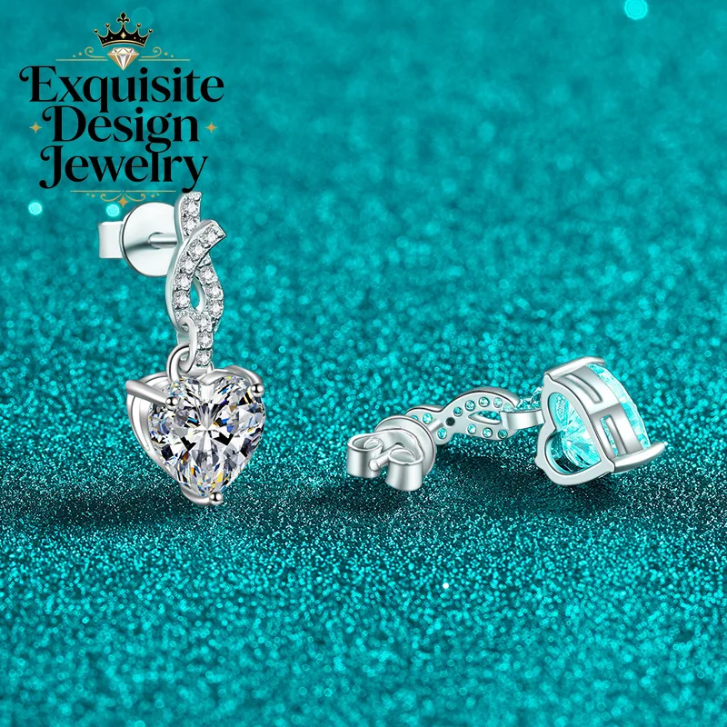 Exquisite Platinum PT950 Ultra-luxurious 4-carat Moissanite Stud Earrings, Heart-shaped Knot with Diamond Earrings Holiday Gifts