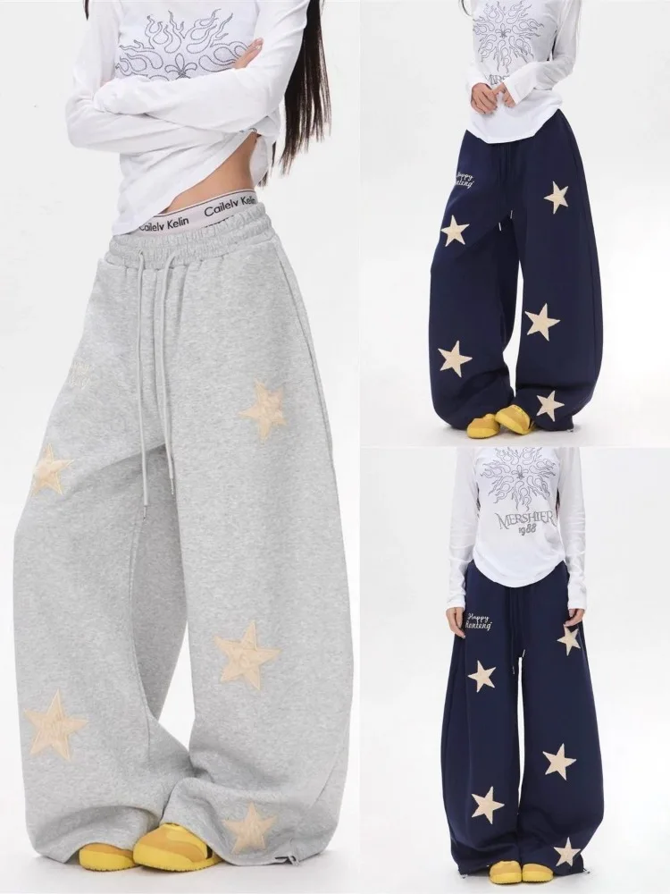 Women's Star Pattern Splicing Design Sweatpants Spring Young Girl Wide Leg Trousers Female High Waisted Vintage Hip Hop Pants