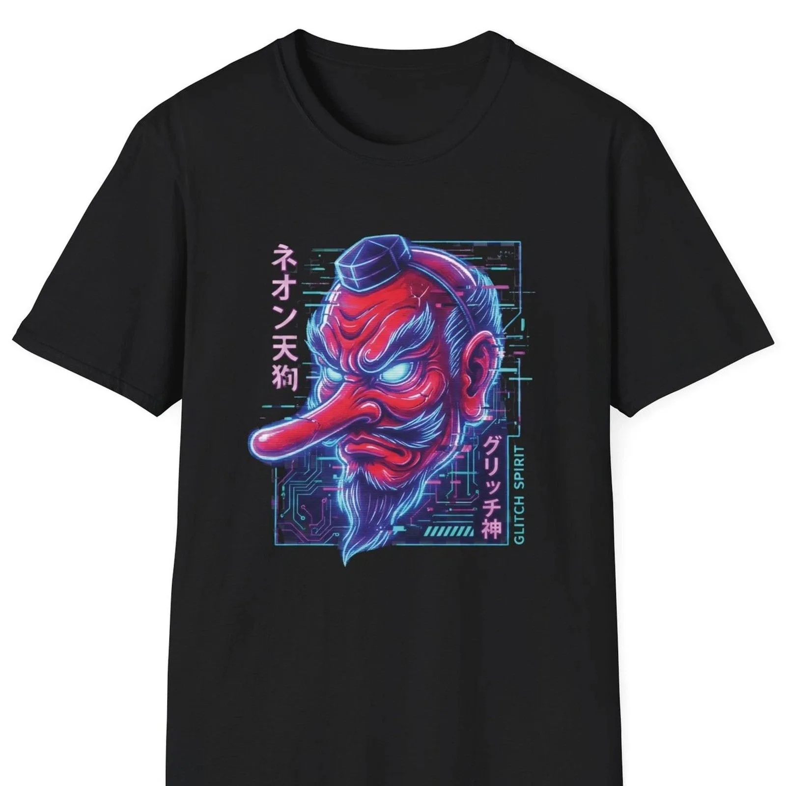 Neon Tengu Mens T-Shirt Cyberpunk Japanese Streetwear Yokai Demon Graphic Tee