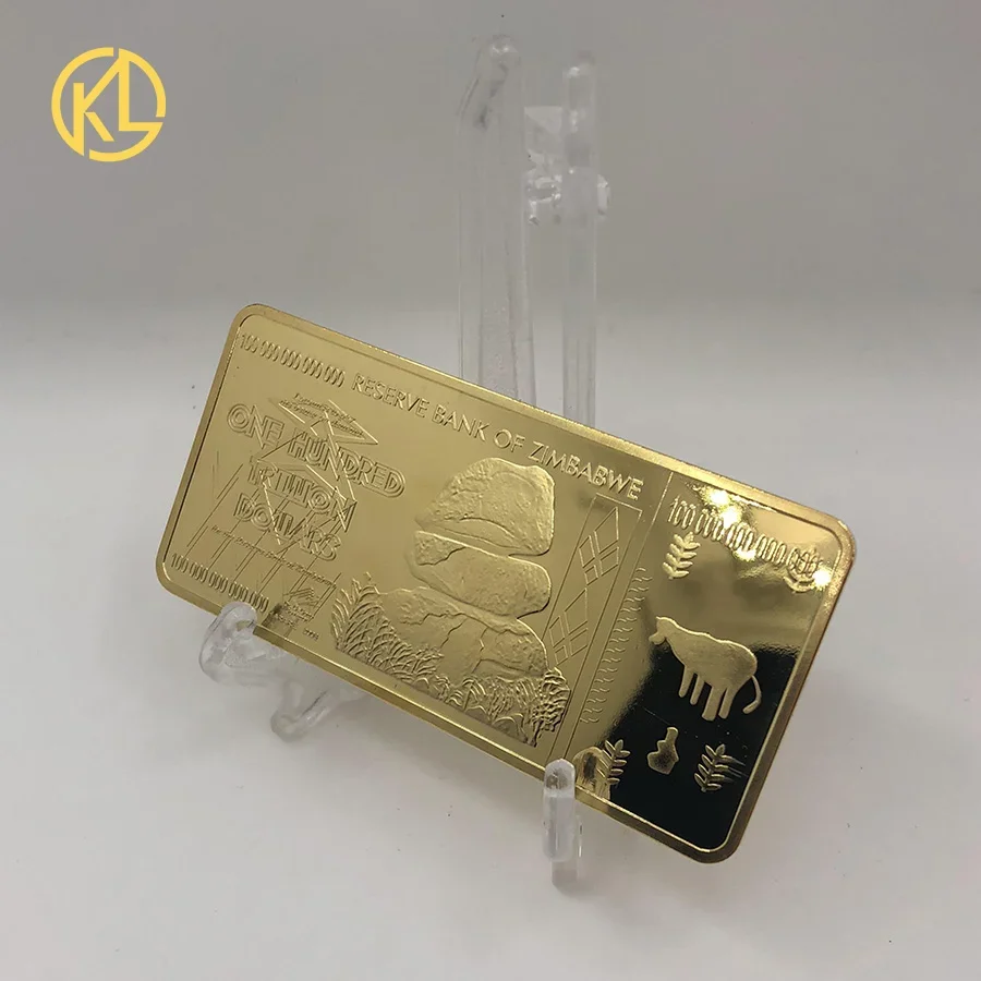 Hot sale 95x45mm Slim Long Square 100 Trillion Dollars Zimbabwe Gold Bar Bullion for Home Decoration Accessories Coins