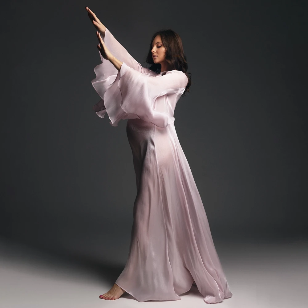 Pink Satin Maternity Photo Gown Ruffle Long Sleeve Pregnant Women Studio Posing Dress Elegant Pregnancy Photo Shoot Outfit