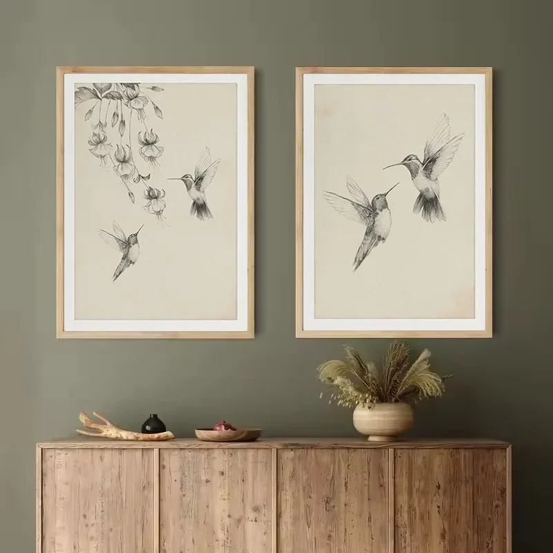 1PC frameless decorative art print,Vintage Minimalist Hummingbird Sketch Bird Animal Drawing Illustration Poster Canvas Painting
