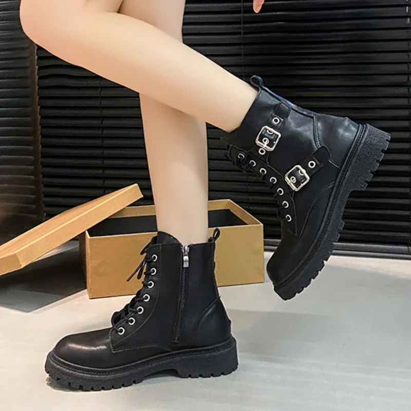 

New Round Toe Fashionable Side Zipper Women's Boots Solid Color Elegant Warm Casual Lace-up Non-slip Motorcycle Shoes