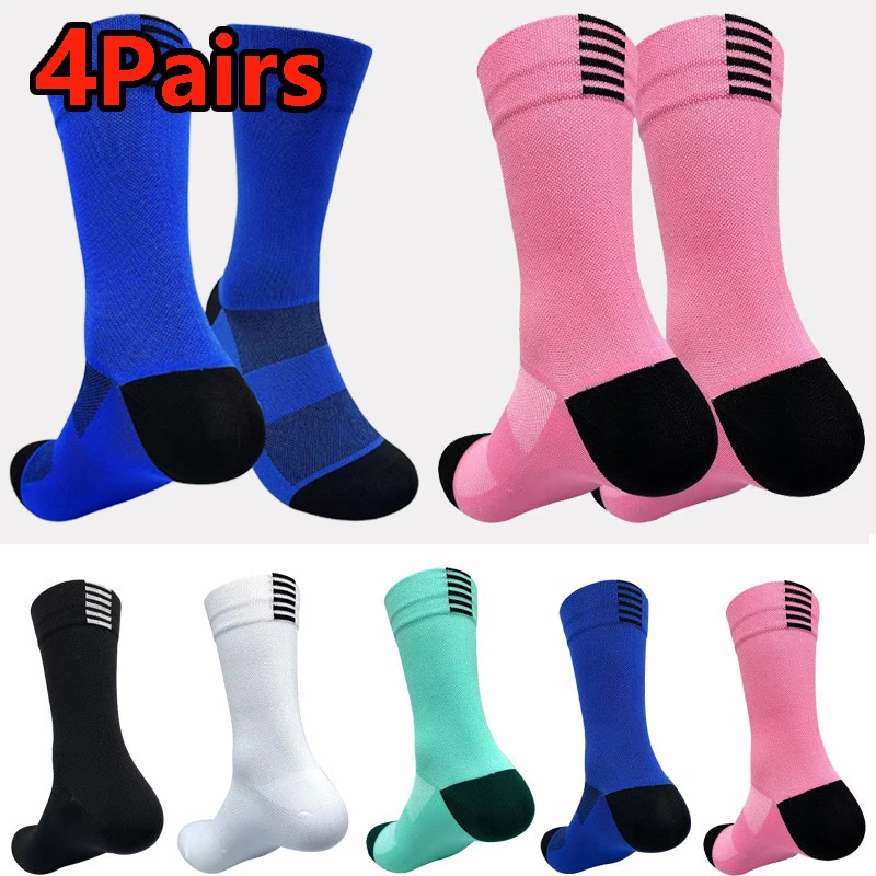 4 Pairs Mid Tube Cycling Socks for Men Solid Breathable Mesh MTB Racing Road Bicycle Socks Quick Dry Bike Running Sports Socks