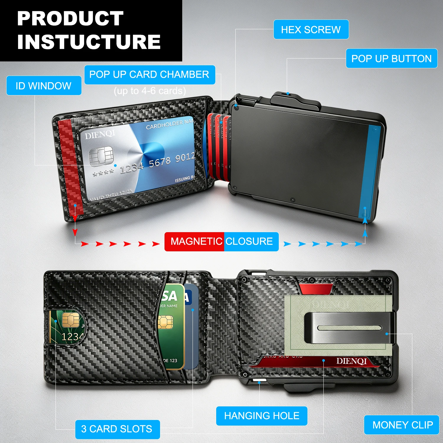 Carbon Fiber Wallet Men RFID Pop Up Card Holder Tactical EDC Slim Metal Money Clip Front Pocket Smart Wallet Id Credit Card Case
