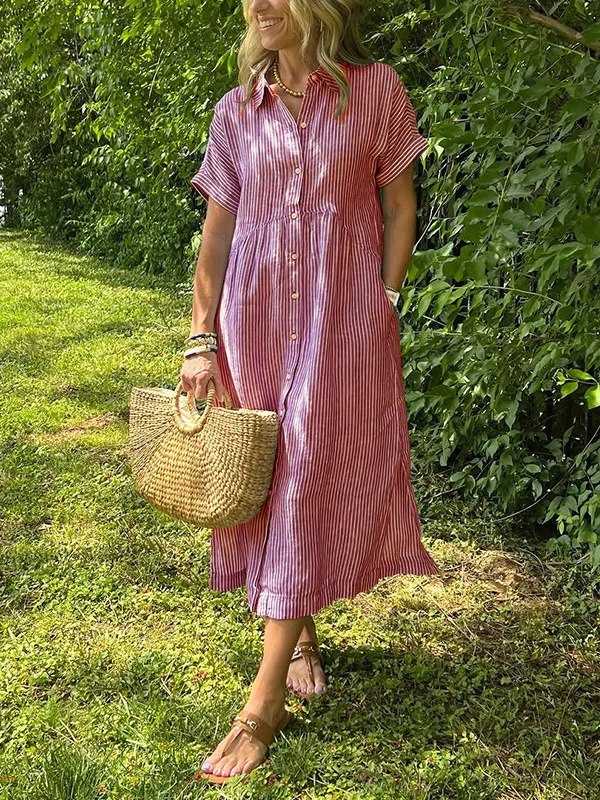 Vestido de praia feminino listrado lapela botão para baixo camisa vestido com bolsos verão manga curta a linha vestido longo moda feminina outfit
