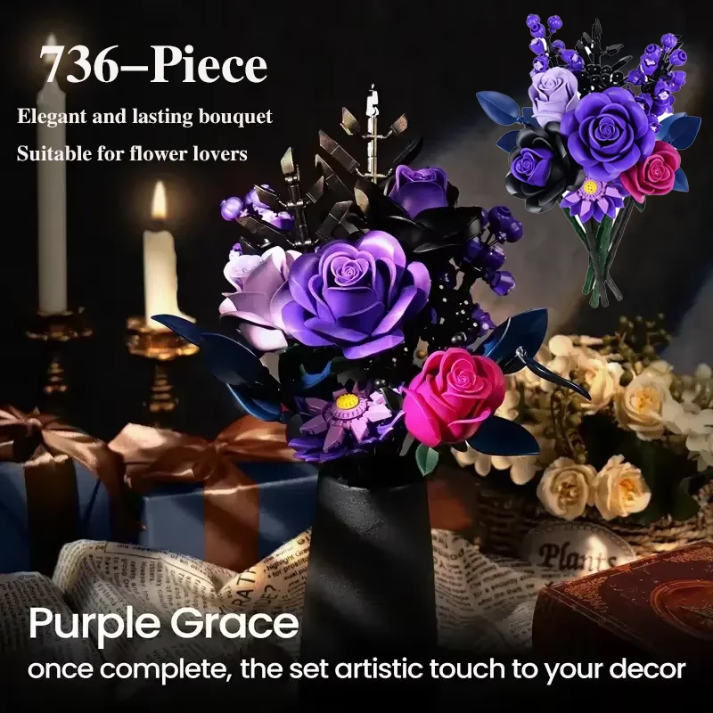 

Rose Flower Bouquet Building Set Purple Rose Botanical Artificial Flowers Toys Gothic Decor Valentines Day Birthday Gift(736PCS)