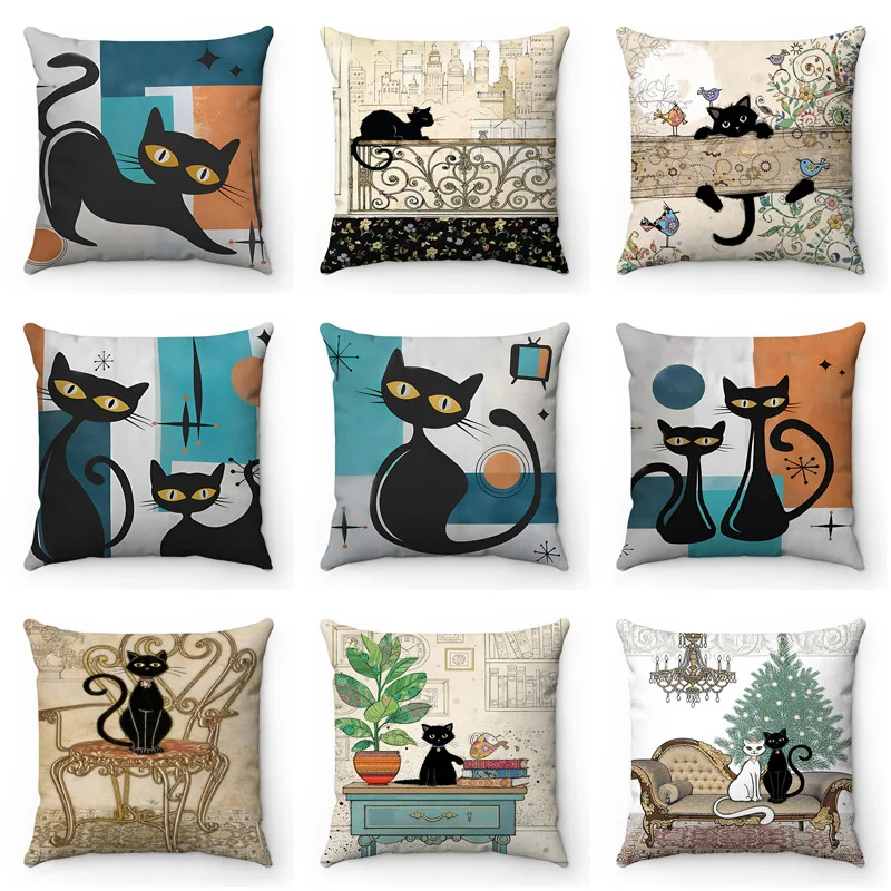 Super Hot Cartoon Black Cat Print Plush Cushions Case Modern Fashion Decorative Pillows Case Sofa Bed Kids Room Throw Pillows