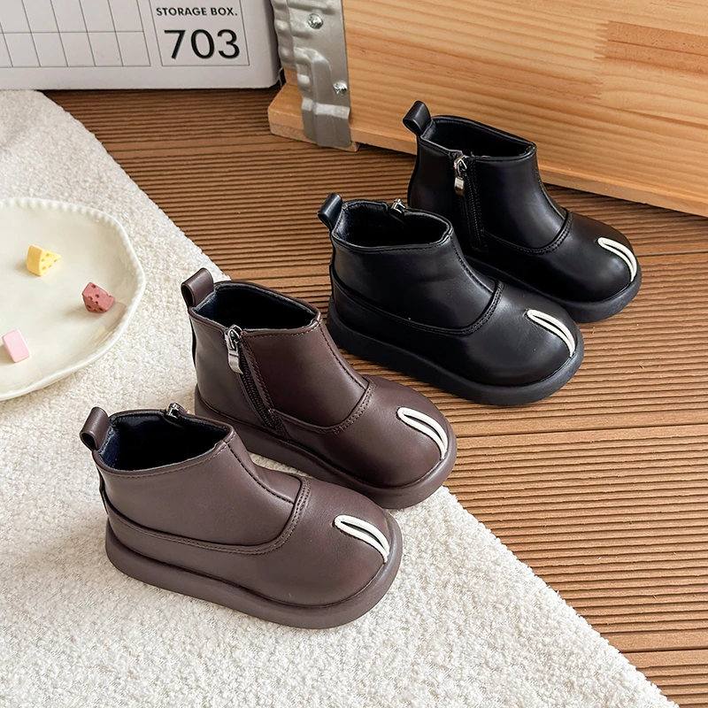 Toddler Kids Rabbit Ear Embroidery Winter Ankle Boots Side Zipper Fleece Lined Thick Sole PU Leather Boots