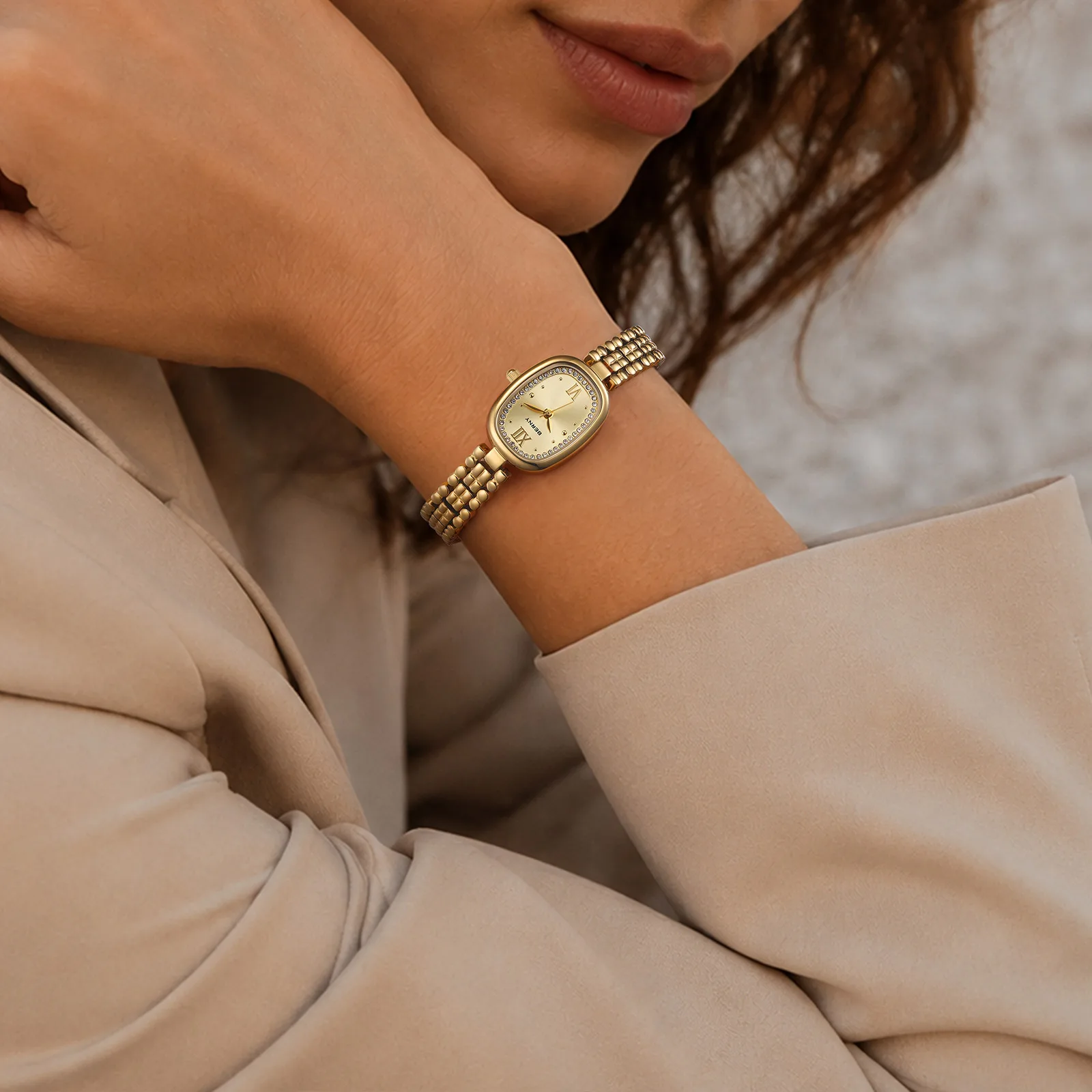 BERNY Goldene Uhren für Damen, elegante Damen-Quarzuhr, luxuriös, schlank, oval, modisch, lässig, minimalistisch, Party-Geschenk-Armbanduhr – Detail 16