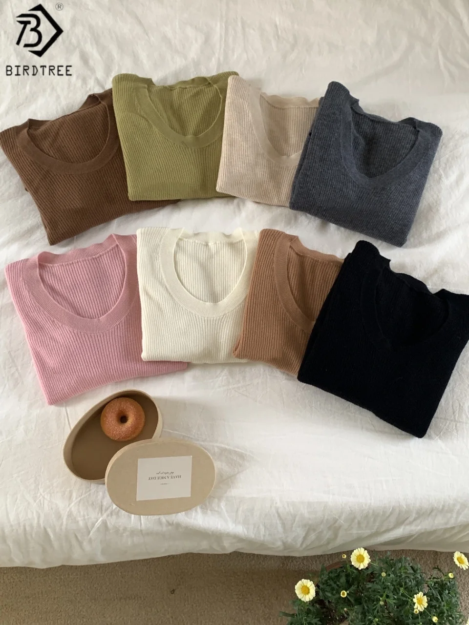 

Birdtree, однотонный базовый свитер из 100% овечьей шерсти, женская камвольная вращающаяся рубашка с U-образным вырезом, осенняя трикотажная рубашка с длинными рукавами и внутренней частью T58543JF