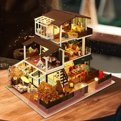 DIY Wooden Romantic Big Casa Miniature Building Kits Bookend With Lights Assembled Bookshelf Home Decoration Friends Gifts