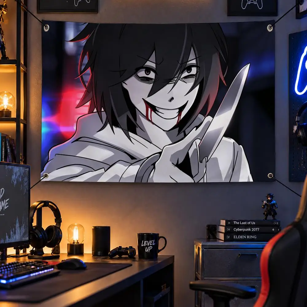 Horror J-Jeff The Killer Creepypasta Flags Personalized Flag Room Dorm Camping Picnic Garage Bar Indoor Outdoor Wall Decor