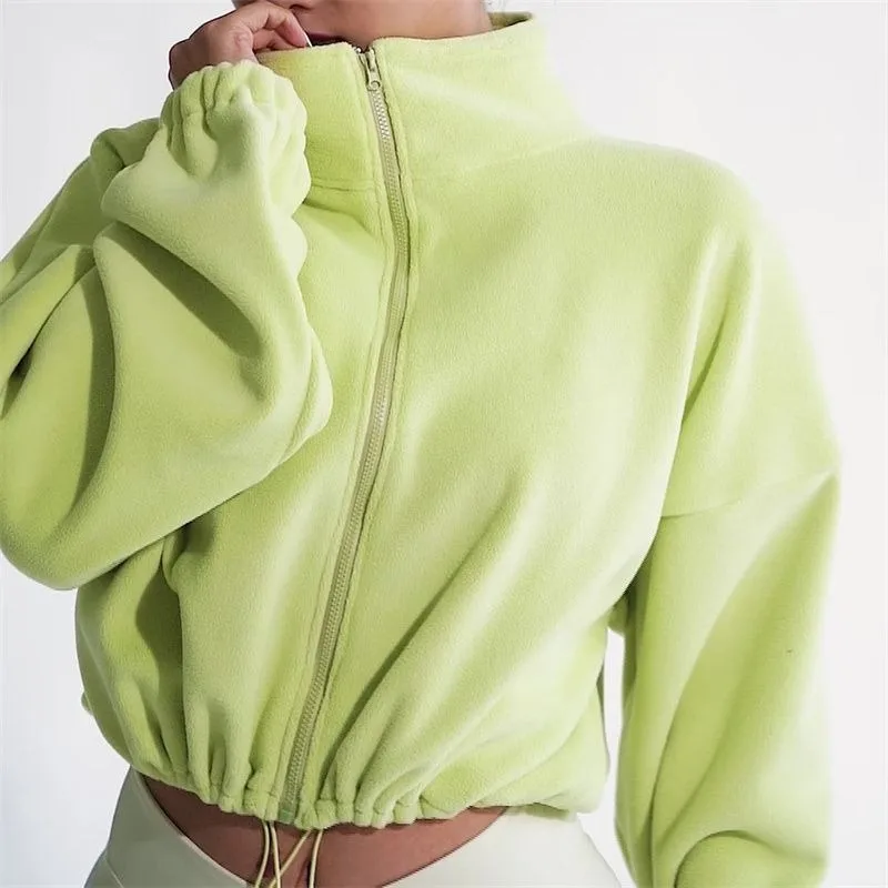 

Cropped Jackets Autumn Winter Zipper Sweatshirt Long Sleeve Fleece Stand-up Collar Yoga Wear Warm Top Outdoor Coat Women Clothes