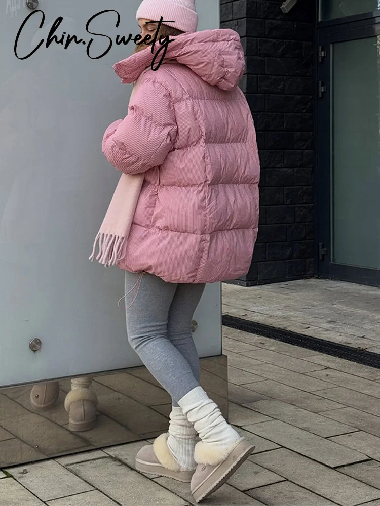 Cappotto in cotone addensato da donna con stampa casual Elegante cerniera a maniche lunghe Tasca con cappuccio Giacca femminile 2025 Inverno Chic Lady Outwear Nuovo