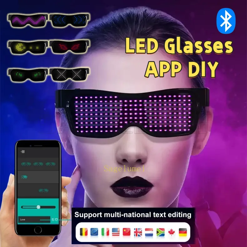 Mehrsprachige LED-Brille, Bluetooth, DIY, Text, Graffiti, RGBW/ROT/Grün, Farbe für Party, Rave, Musik, Festival, Leuchtbrille, APP-Steuerung