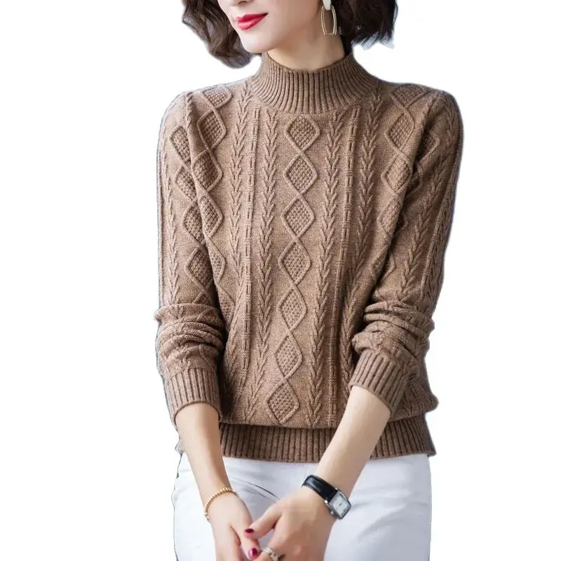 

Autumn Winter New Pullover Sweater Turtleneck Padded Women's Solid Color Stripe Loose Knitting Keep Warm Bottoming Shirt