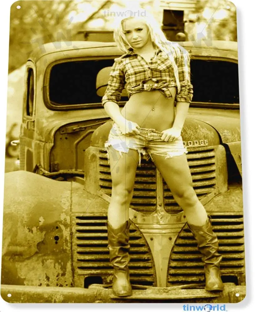 TIN Sign Front Grill Pin-Up Girl Hot Rod Cowgirl Metal Décor