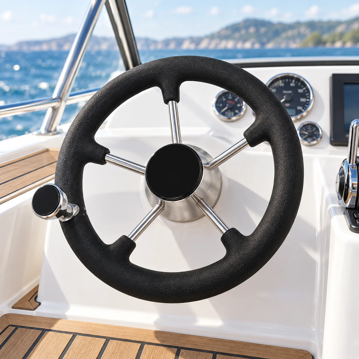 Boat Steering Wheel with Five Stainless Steel Spokes and Black Foam Grip for Destroyer Style Helm Refits on Yachts and Sailboats