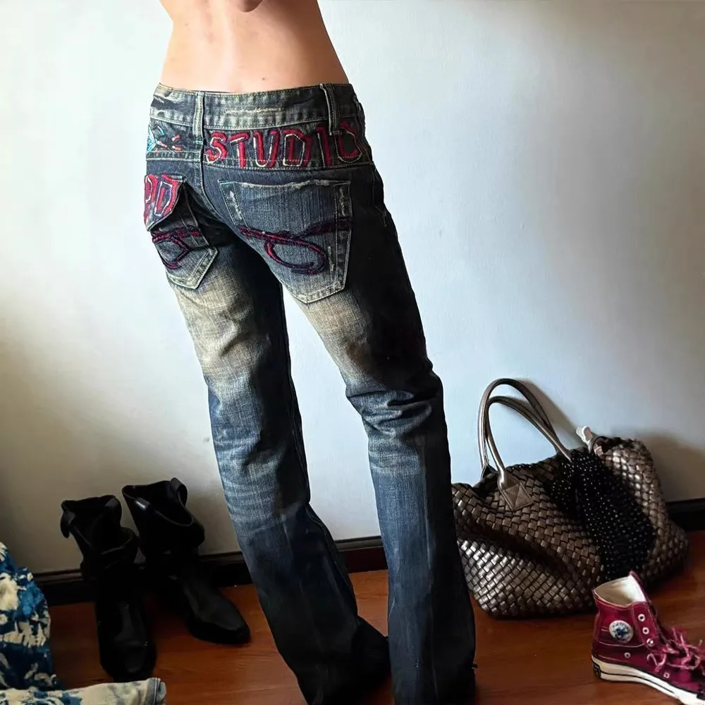 Women's Jeans American Spice Girl Subculture Old Jeans Children Vintage Design Sense Heavy Industry Embroidery Low Waist Mopping view 4